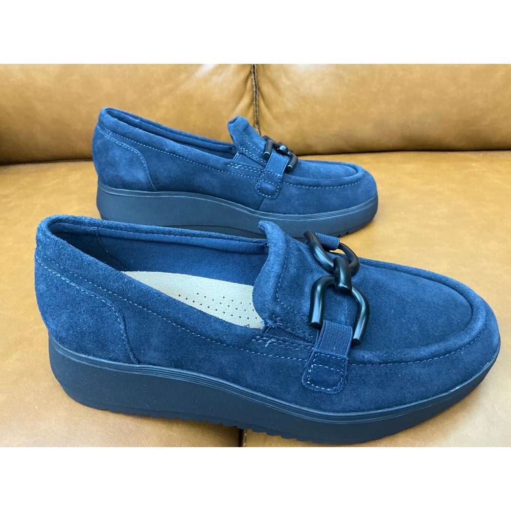Clarks Zylah Top Loafers Womens 7 Navy New Suede Platform Chain Wedge Shoes